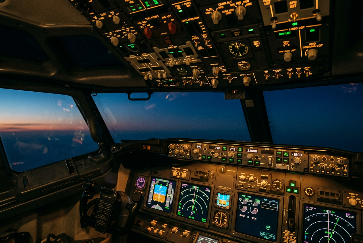 Flight-deck cockpit instrument panel at dusk
